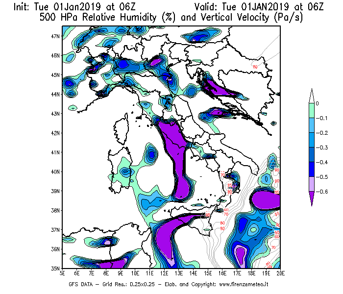 Mappa di analisi GFS - Umidità relativa [%] e Omega [Pa/s] a 500 hPa in Italia
							del 01/01/2019 06 <!--googleoff: index-->UTC<!--googleon: index-->