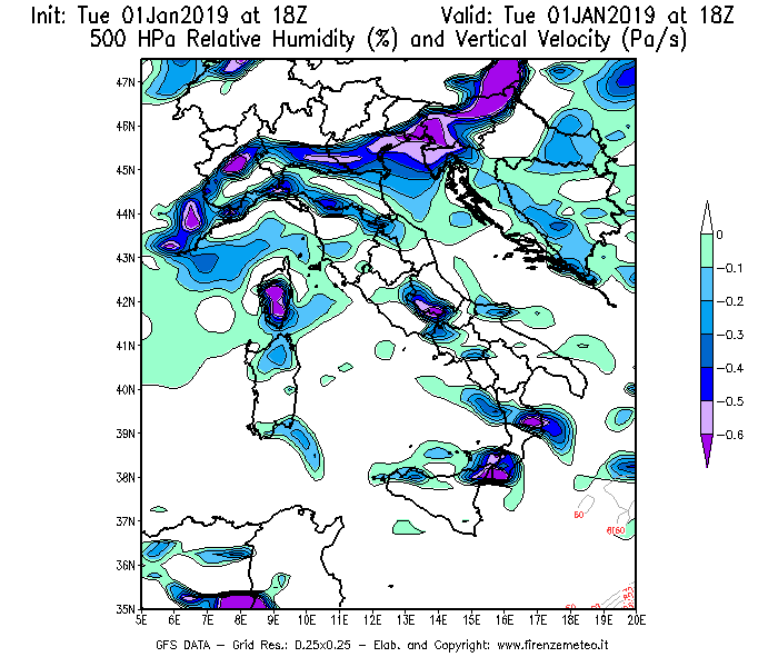 Mappa di analisi GFS - Umidità relativa [%] e Omega [Pa/s] a 500 hPa in Italia
							del 01/01/2019 18 <!--googleoff: index-->UTC<!--googleon: index-->