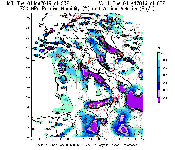 Mappa di analisi GFS - Umidità relativa [%] e Omega [Pa/s] a 700 hPa in Italia
							del 01/01/2019 00 <!--googleoff: index-->UTC<!--googleon: index-->