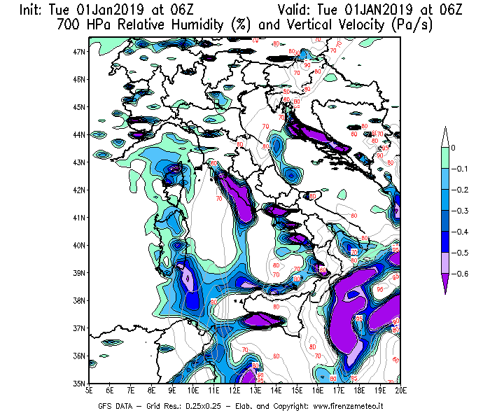 Mappa di analisi GFS - Umidità relativa [%] e Omega [Pa/s] a 700 hPa in Italia
							del 01/01/2019 06 <!--googleoff: index-->UTC<!--googleon: index-->