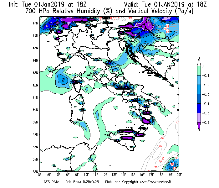Mappa di analisi GFS - Umidità relativa [%] e Omega [Pa/s] a 700 hPa in Italia
							del 01/01/2019 18 <!--googleoff: index-->UTC<!--googleon: index-->