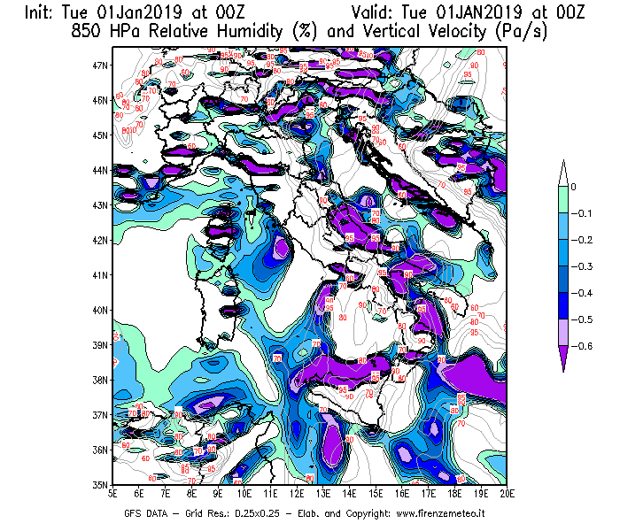 Mappa di analisi GFS - Umidità relativa [%] e Omega [Pa/s] a 850 hPa in Italia
							del 01/01/2019 00 <!--googleoff: index-->UTC<!--googleon: index-->