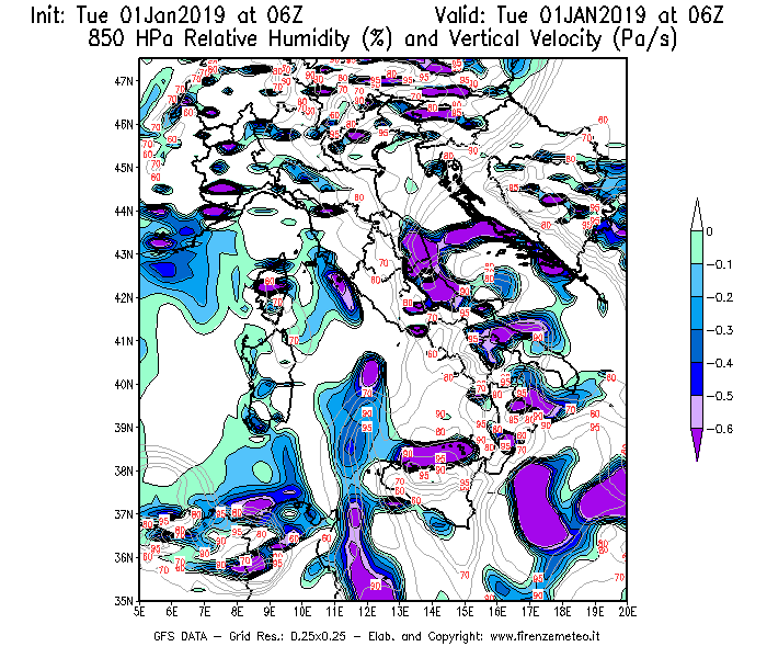 Mappa di analisi GFS - Umidità relativa [%] e Omega [Pa/s] a 850 hPa in Italia
							del 01/01/2019 06 <!--googleoff: index-->UTC<!--googleon: index-->