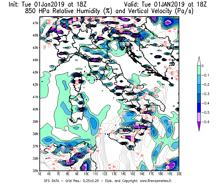 Mappa di analisi GFS - Umidità relativa [%] e Omega [Pa/s] a 850 hPa in Italia
							del 01/01/2019 18 <!--googleoff: index-->UTC<!--googleon: index-->