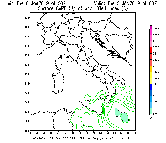 Mappa di analisi GFS - CAPE [J/kg] e Lifted Index [°C] in Italia
							del 01/01/2019 00 <!--googleoff: index-->UTC<!--googleon: index-->