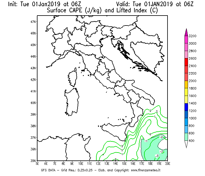 Mappa di analisi GFS - CAPE [J/kg] e Lifted Index [°C] in Italia
							del 01/01/2019 06 <!--googleoff: index-->UTC<!--googleon: index-->