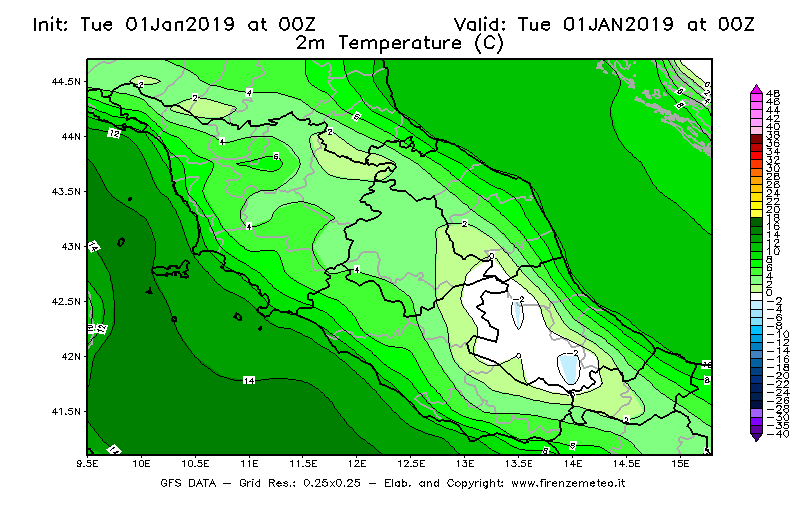 Mappa di analisi GFS - Temperatura a 2 metri dal suolo [°C] in Centro-Italia
							del 01/01/2019 00 <!--googleoff: index-->UTC<!--googleon: index-->