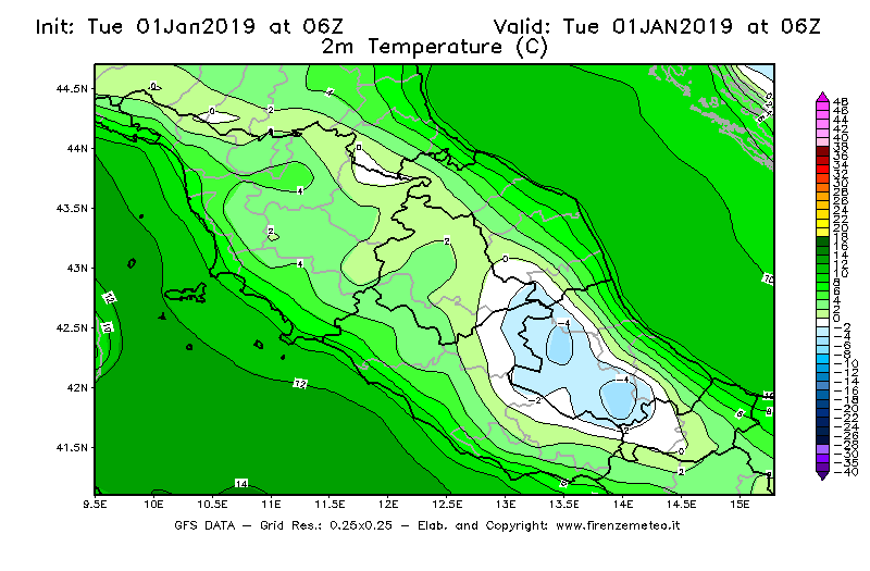 Mappa di analisi GFS - Temperatura a 2 metri dal suolo [°C] in Centro-Italia
							del 01/01/2019 06 <!--googleoff: index-->UTC<!--googleon: index-->