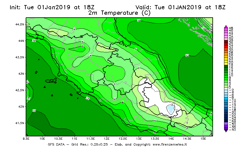 Mappa di analisi GFS - Temperatura a 2 metri dal suolo [°C] in Centro-Italia
							del 01/01/2019 18 <!--googleoff: index-->UTC<!--googleon: index-->
