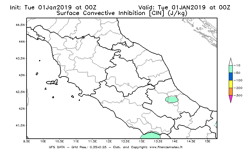 Mappa di analisi GFS - CIN [J/kg] in Centro-Italia
							del 01/01/2019 00 <!--googleoff: index-->UTC<!--googleon: index-->
