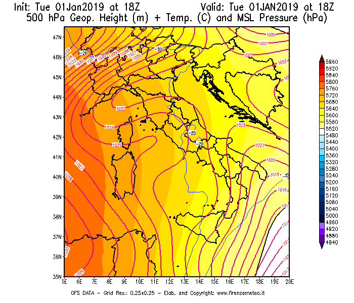Mappa di analisi GFS - Geopotenziale [m] + Temp. [°C] a 500 hPa + Press. a livello del mare [hPa] in Italia
							del 01/01/2019 18 <!--googleoff: index-->UTC<!--googleon: index-->