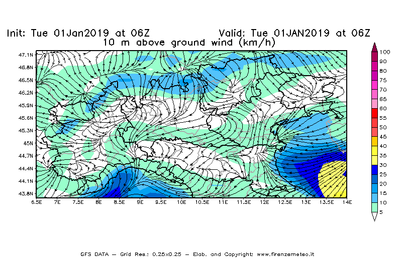 Mappa di analisi GFS - Velocità del vento a 10 metri dal suolo [km/h] in Nord-Italia
							del 01/01/2019 06 <!--googleoff: index-->UTC<!--googleon: index-->
