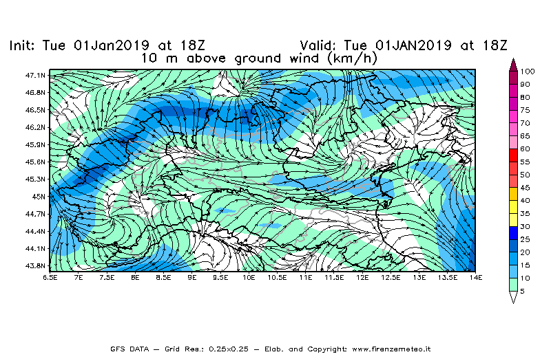 Mappa di analisi GFS - Velocità del vento a 10 metri dal suolo [km/h] in Nord-Italia
							del 01/01/2019 18 <!--googleoff: index-->UTC<!--googleon: index-->