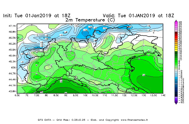 Mappa di analisi GFS - Temperatura a 2 metri dal suolo [°C] in Nord-Italia
							del 01/01/2019 18 <!--googleoff: index-->UTC<!--googleon: index-->