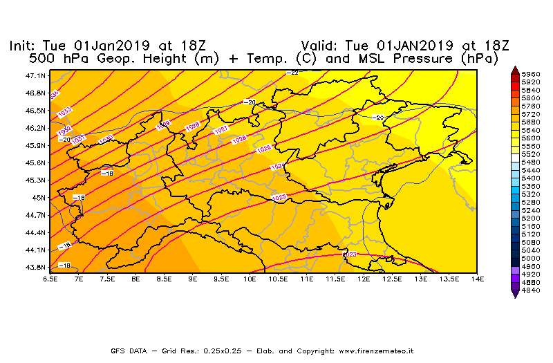 Mappa di analisi GFS - Geopotenziale [m] + Temp. [°C] a 500 hPa + Press. a livello del mare [hPa] in Nord-Italia
							del 01/01/2019 18 <!--googleoff: index-->UTC<!--googleon: index-->