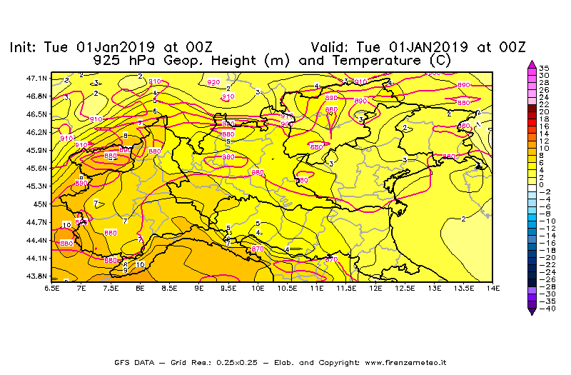 Mappa di analisi GFS - Geopotenziale [m] e Temperatura [°C] a 925 hPa in Nord-Italia
							del 01/01/2019 00 <!--googleoff: index-->UTC<!--googleon: index-->