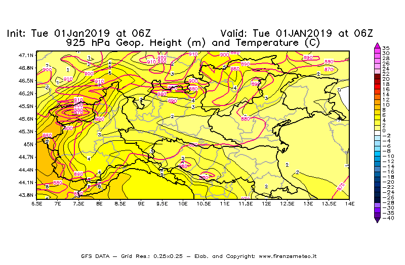 Mappa di analisi GFS - Geopotenziale [m] e Temperatura [°C] a 925 hPa in Nord-Italia
							del 01/01/2019 06 <!--googleoff: index-->UTC<!--googleon: index-->
