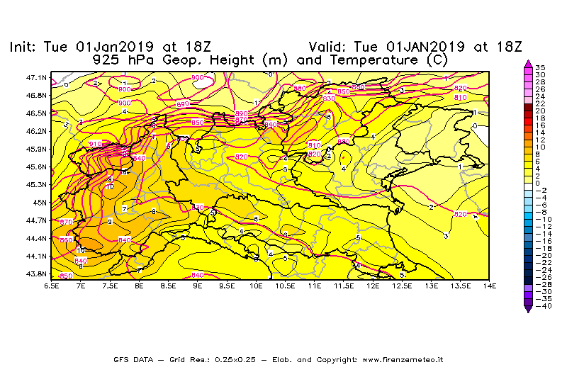 Mappa di analisi GFS - Geopotenziale [m] e Temperatura [°C] a 925 hPa in Nord-Italia
							del 01/01/2019 18 <!--googleoff: index-->UTC<!--googleon: index-->