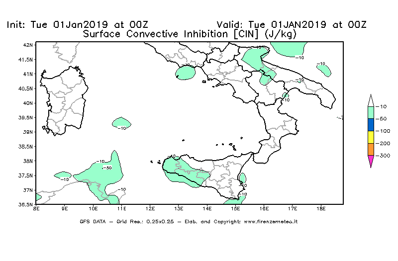 Mappa di analisi GFS - CIN [J/kg] in Sud-Italia
							del 01/01/2019 00 <!--googleoff: index-->UTC<!--googleon: index-->