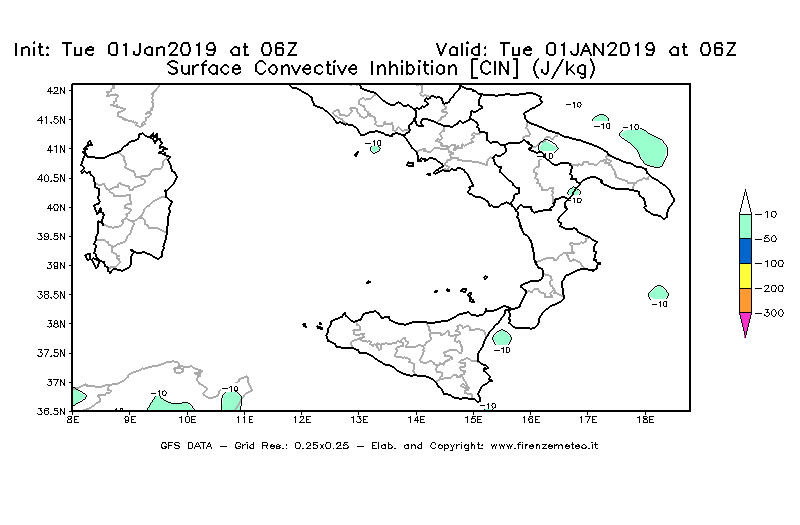 Mappa di analisi GFS - CIN [J/kg] in Sud-Italia
							del 01/01/2019 06 <!--googleoff: index-->UTC<!--googleon: index-->