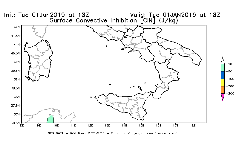 Mappa di analisi GFS - CIN [J/kg] in Sud-Italia
							del 01/01/2019 18 <!--googleoff: index-->UTC<!--googleon: index-->