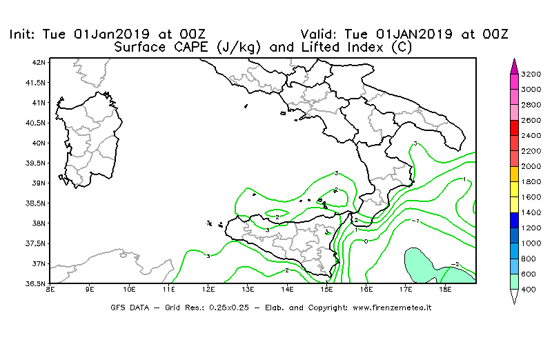 Mappa di analisi GFS - CAPE [J/kg] e Lifted Index [°C] in Sud-Italia
							del 01/01/2019 00 <!--googleoff: index-->UTC<!--googleon: index-->