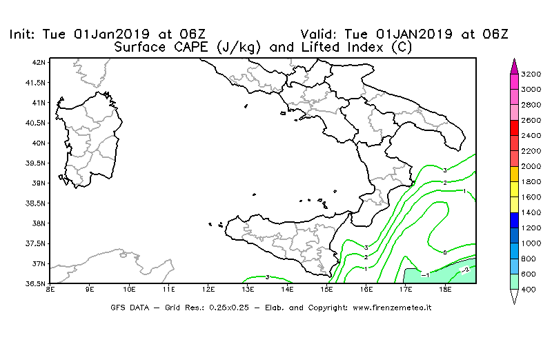 Mappa di analisi GFS - CAPE [J/kg] e Lifted Index [°C] in Sud-Italia
							del 01/01/2019 06 <!--googleoff: index-->UTC<!--googleon: index-->