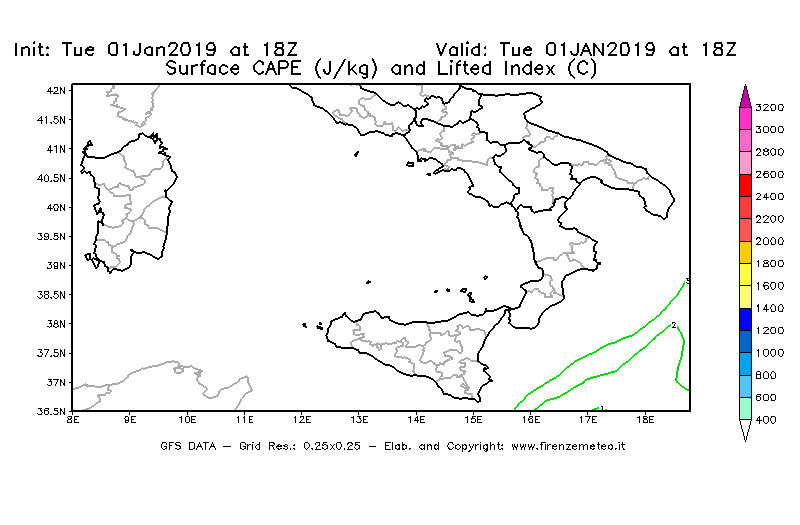 Mappa di analisi GFS - CAPE [J/kg] e Lifted Index [°C] in Sud-Italia
							del 01/01/2019 18 <!--googleoff: index-->UTC<!--googleon: index-->