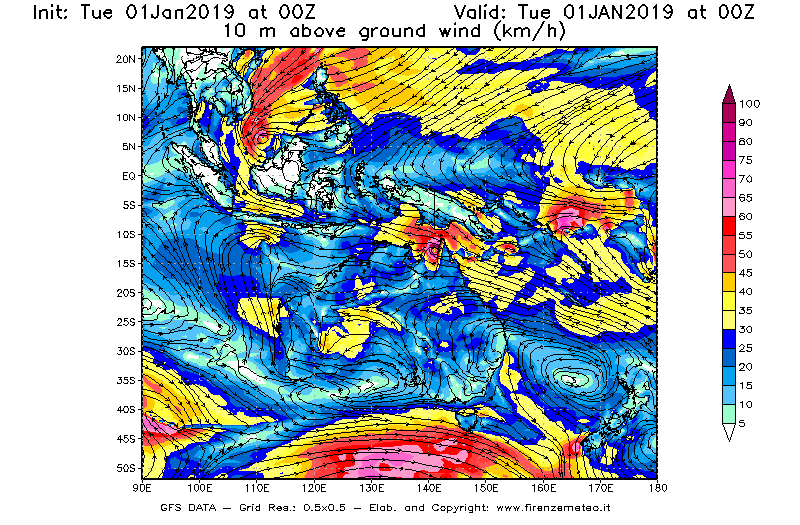 Mappa di analisi GFS - Velocità del vento a 10 metri dal suolo [km/h] in Oceania
							del 01/01/2019 00 <!--googleoff: index-->UTC<!--googleon: index-->