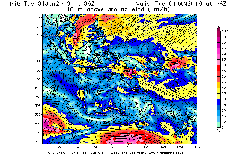 Mappa di analisi GFS - Velocità del vento a 10 metri dal suolo [km/h] in Oceania
							del 01/01/2019 06 <!--googleoff: index-->UTC<!--googleon: index-->