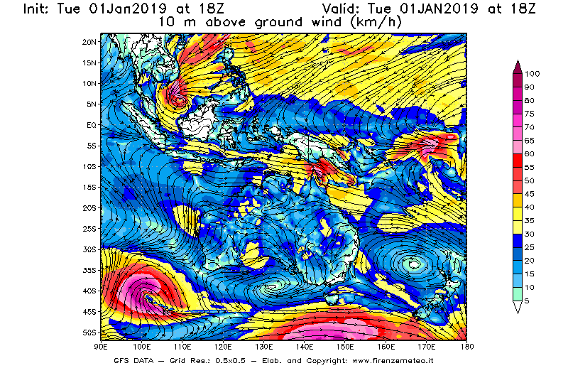 Mappa di analisi GFS - Velocità del vento a 10 metri dal suolo [km/h] in Oceania
							del 01/01/2019 18 <!--googleoff: index-->UTC<!--googleon: index-->