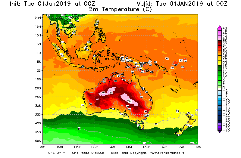 Mappa di analisi GFS - Temperatura a 2 metri dal suolo [°C] in Oceania
							del 01/01/2019 00 <!--googleoff: index-->UTC<!--googleon: index-->