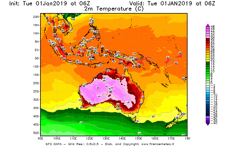 Mappa di analisi GFS - Temperatura a 2 metri dal suolo [°C] in Oceania
							del 01/01/2019 06 <!--googleoff: index-->UTC<!--googleon: index-->