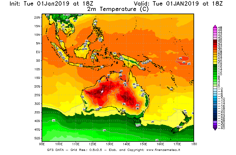 Mappa di analisi GFS - Temperatura a 2 metri dal suolo [°C] in Oceania
							del 01/01/2019 18 <!--googleoff: index-->UTC<!--googleon: index-->