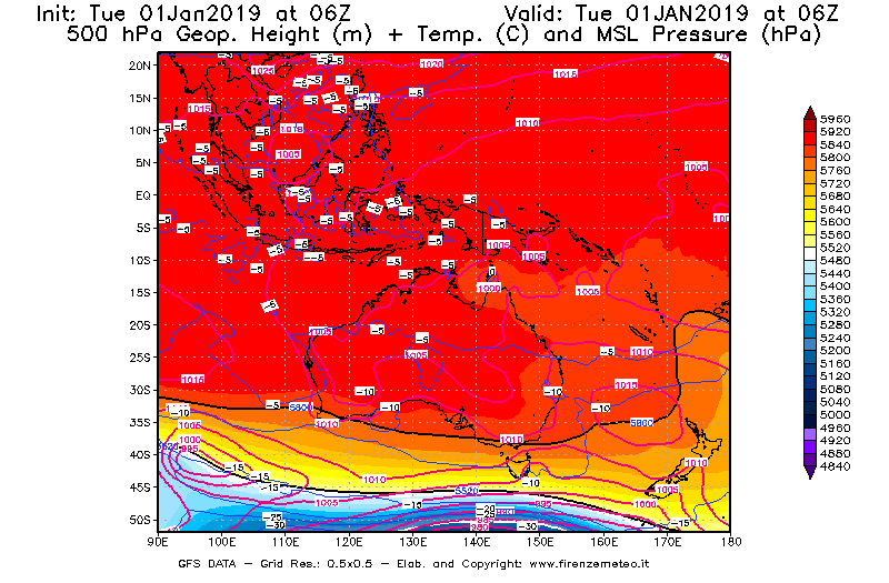 Mappa di analisi GFS - Geopotenziale [m] + Temp. [°C] a 500 hPa + Press. a livello del mare [hPa] in Oceania
							del 01/01/2019 06 <!--googleoff: index-->UTC<!--googleon: index-->