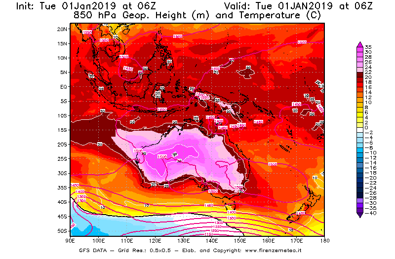 Mappa di analisi GFS - Geopotenziale [m] e Temperatura [°C] a 850 hPa in Oceania
							del 01/01/2019 06 <!--googleoff: index-->UTC<!--googleon: index-->