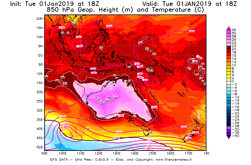 Mappa di analisi GFS - Geopotenziale [m] e Temperatura [°C] a 850 hPa in Oceania
							del 01/01/2019 18 <!--googleoff: index-->UTC<!--googleon: index-->