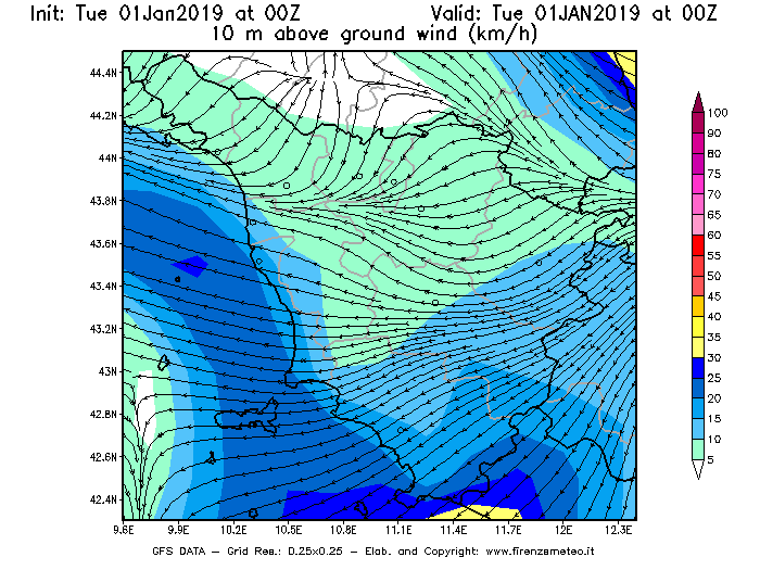 Mappa di analisi GFS - Velocità del vento a 10 metri dal suolo [km/h] in Toscana
							del 01/01/2019 00 <!--googleoff: index-->UTC<!--googleon: index-->