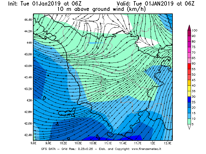 Mappa di analisi GFS - Velocità del vento a 10 metri dal suolo [km/h] in Toscana
							del 01/01/2019 06 <!--googleoff: index-->UTC<!--googleon: index-->