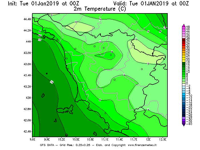 Mappa di analisi GFS - Temperatura a 2 metri dal suolo [°C] in Toscana
							del 01/01/2019 00 <!--googleoff: index-->UTC<!--googleon: index-->