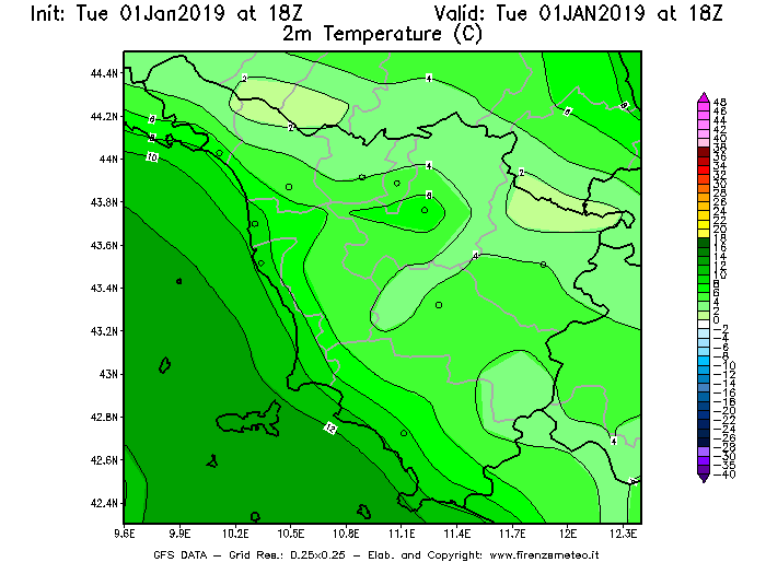 Mappa di analisi GFS - Temperatura a 2 metri dal suolo [°C] in Toscana
							del 01/01/2019 18 <!--googleoff: index-->UTC<!--googleon: index-->