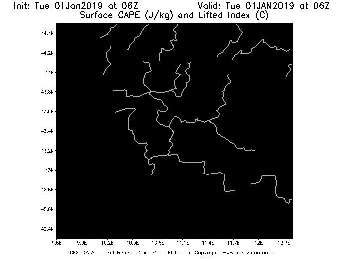 Mappa di analisi GFS - CAPE [J/kg] e Lifted Index [°C] in Toscana
							del 01/01/2019 06 <!--googleoff: index-->UTC<!--googleon: index-->