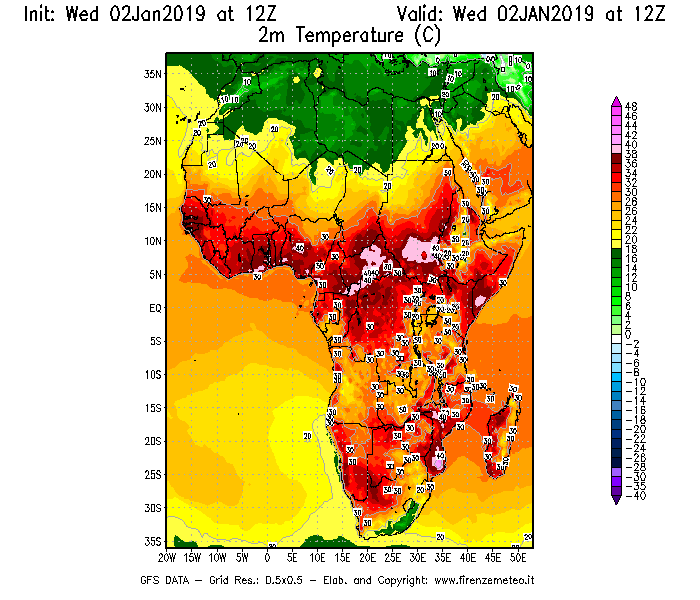 Mappa di analisi GFS - Temperatura a 2 metri dal suolo [°C] in Africa
							del 02/01/2019 12 <!--googleoff: index-->UTC<!--googleon: index-->