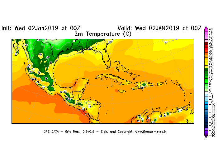 Mappa di analisi GFS - Temperatura a 2 metri dal suolo [°C] in Centro-America
							del 02/01/2019 00 <!--googleoff: index-->UTC<!--googleon: index-->