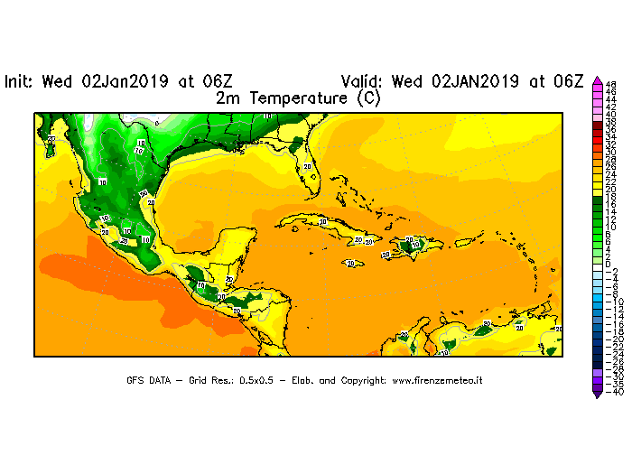 Mappa di analisi GFS - Temperatura a 2 metri dal suolo [°C] in Centro-America
							del 02/01/2019 06 <!--googleoff: index-->UTC<!--googleon: index-->