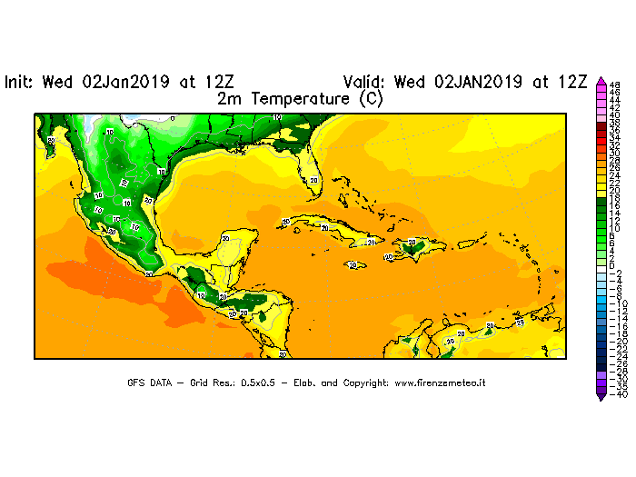 Mappa di analisi GFS - Temperatura a 2 metri dal suolo [°C] in Centro-America
							del 02/01/2019 12 <!--googleoff: index-->UTC<!--googleon: index-->