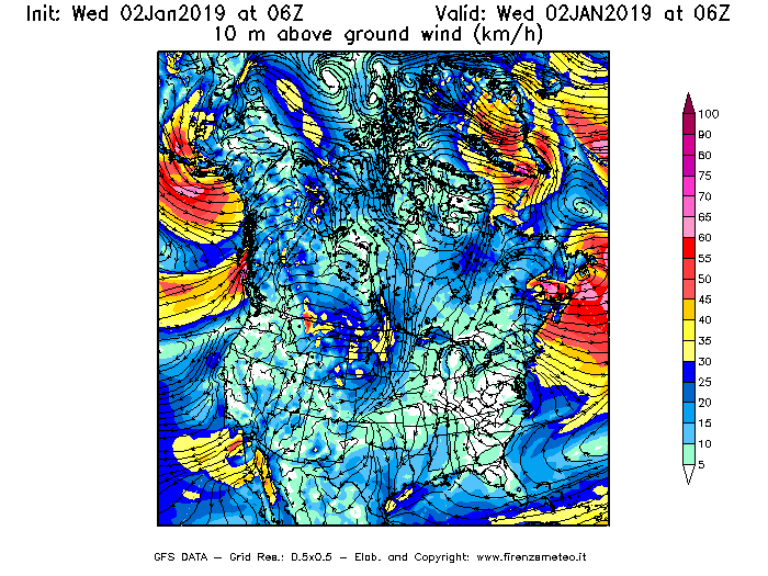 Mappa di analisi GFS - Velocità del vento a 10 metri dal suolo [km/h] in Nord-America
							del 02/01/2019 06 <!--googleoff: index-->UTC<!--googleon: index-->