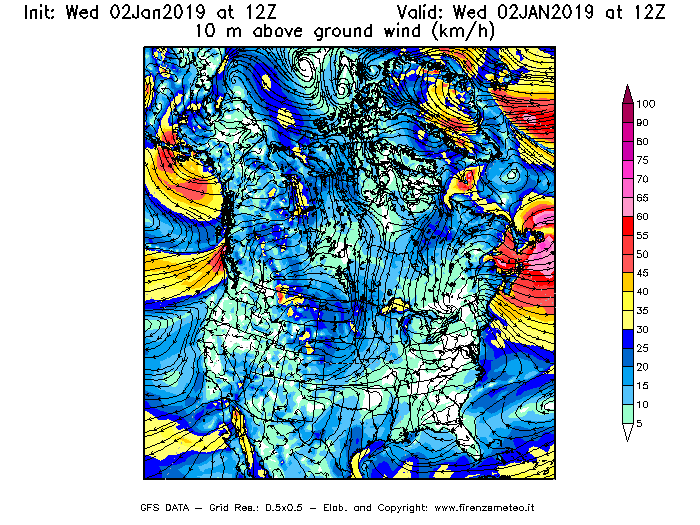 Mappa di analisi GFS - Velocità del vento a 10 metri dal suolo [km/h] in Nord-America
							del 02/01/2019 12 <!--googleoff: index-->UTC<!--googleon: index-->