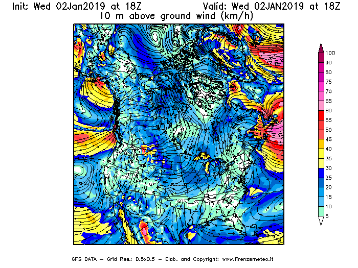 Mappa di analisi GFS - Velocità del vento a 10 metri dal suolo [km/h] in Nord-America
							del 02/01/2019 18 <!--googleoff: index-->UTC<!--googleon: index-->