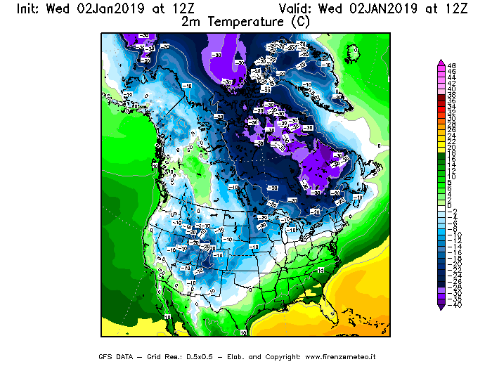 Mappa di analisi GFS - Temperatura a 2 metri dal suolo [°C] in Nord-America
							del 02/01/2019 12 <!--googleoff: index-->UTC<!--googleon: index-->